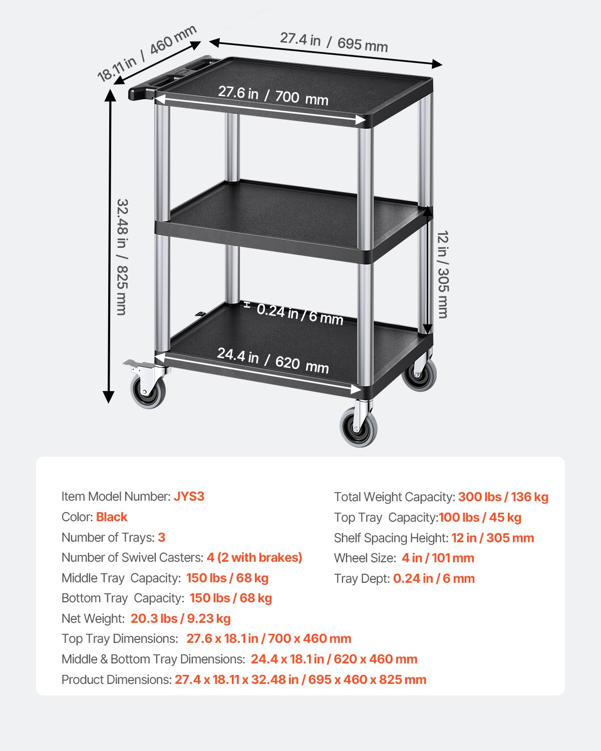 Carrello portaoggetti VEVOR, capacità di carico di 300 libbre, carrello di servizio da 27,6 x 18,1 pollici, carrello portaoggetti in plastica resistente a tre ripiani con ruote girevoli a 360° (2 con freni), adatto per magazzino, garage, pulizia