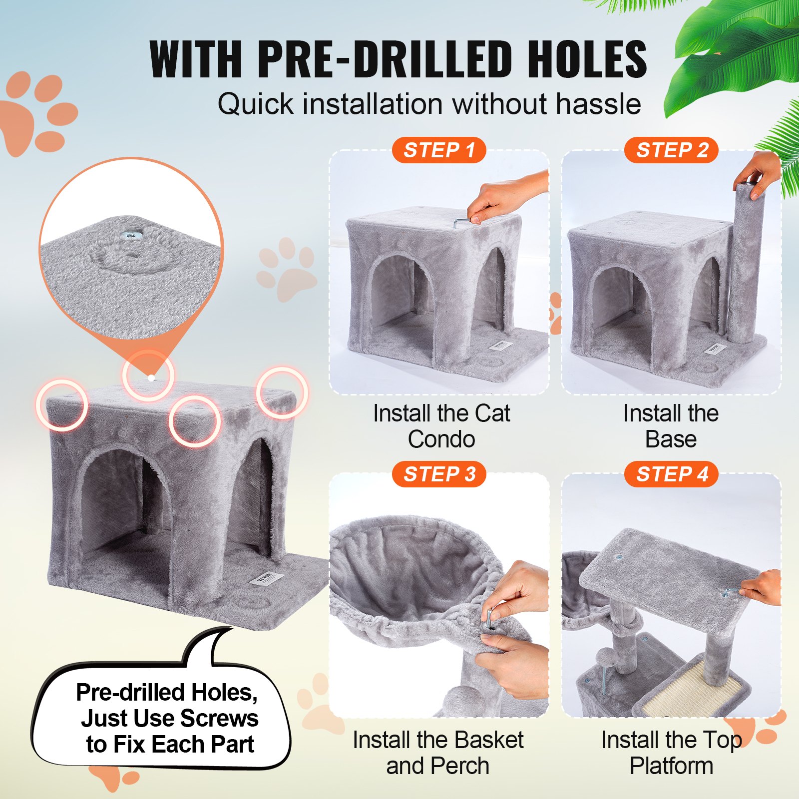 VEVOR Albero per Gatti da Interno 80 cm Torre per Gatti con Cuccia per Gatti, Amaca, Trespolo Superiore, Piattaforma per Saltare, con Palla Sospesa, Centro Attività per Mobili per Gatti, Grigio Chiaro