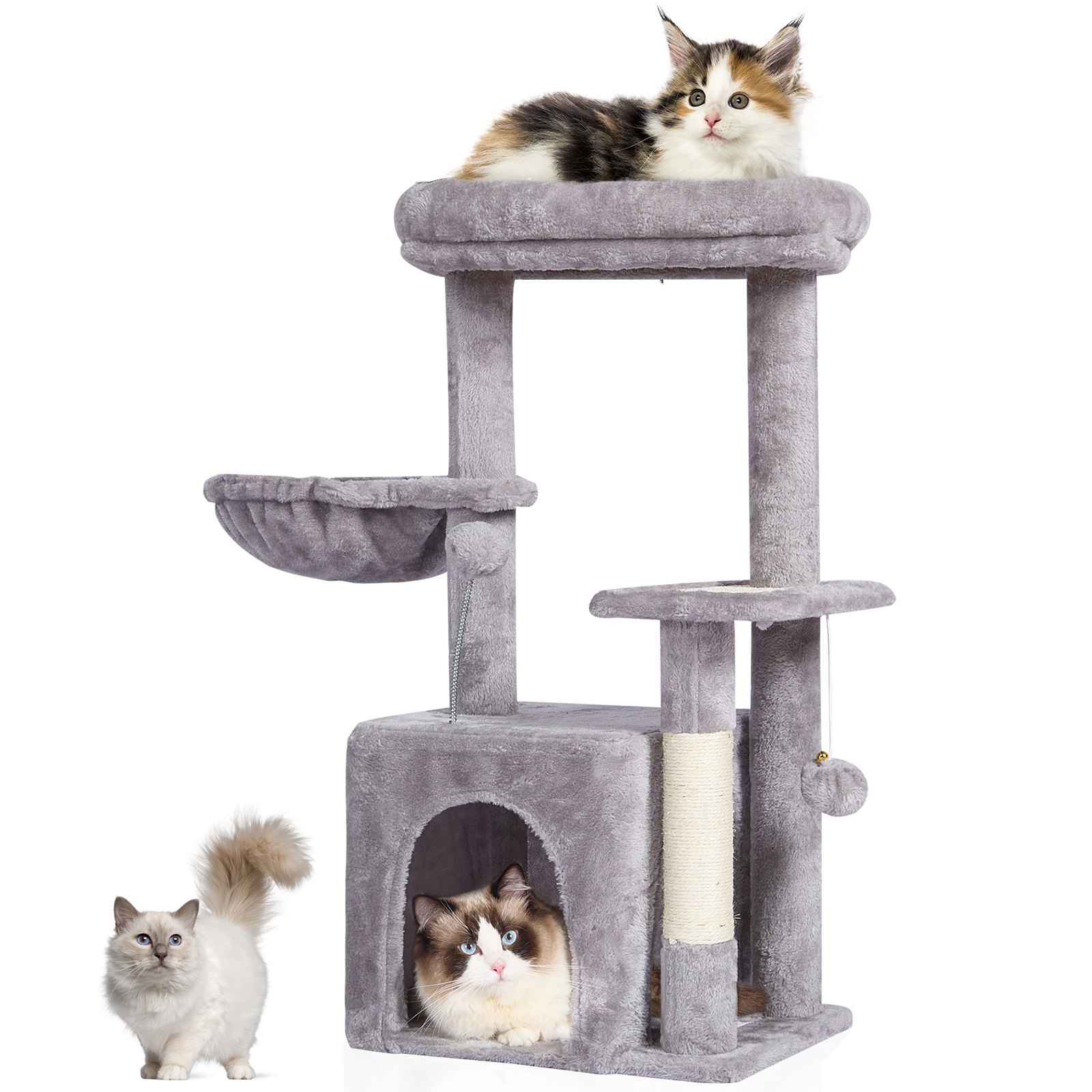 VEVOR Albero per Gatti da Interno 80 cm Torre per Gatti con Cuccia per Gatti, Amaca, Trespolo Superiore, Piattaforma per Saltare, con Palla Sospesa, Centro Attività per Mobili per Gatti, Grigio Chiaro