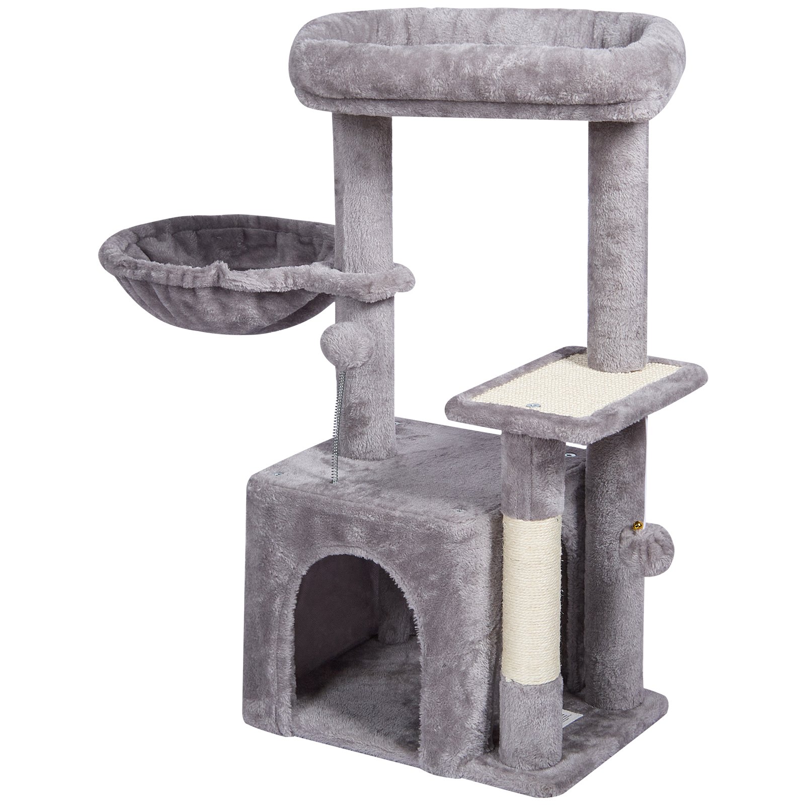 VEVOR Albero per Gatti da Interno 80 cm Torre per Gatti con Cuccia per Gatti, Amaca, Trespolo Superiore, Piattaforma per Saltare, con Palla Sospesa, Centro Attività per Mobili per Gatti, Grigio Chiaro