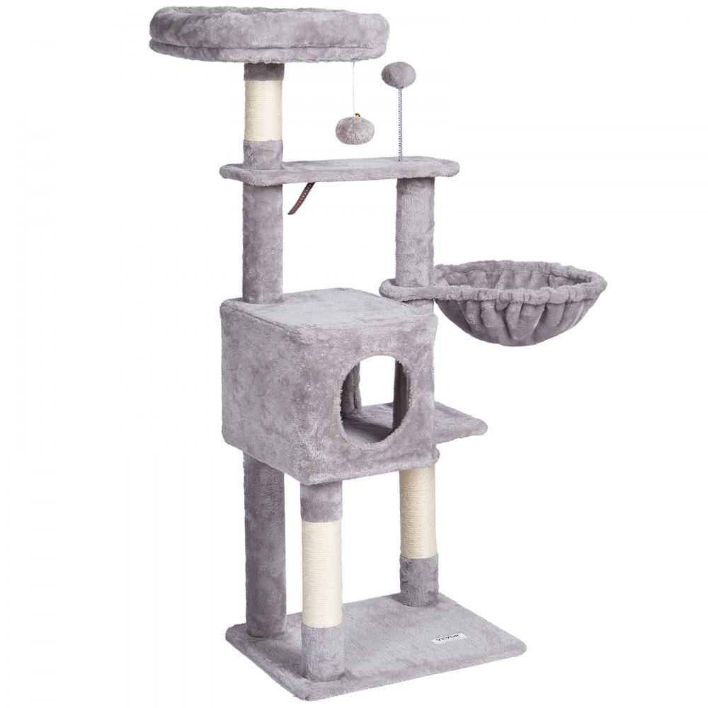 VEVOR Tiragraffi per Gatti Interno 115 cm Torre per Gatti con Cuccia per Gatti, Amaca, Trespolo Superiore, Piattaforme per Salti, con Palla Appesa, Centro Attività per Mobili per Gatti, Grigio Chiaro