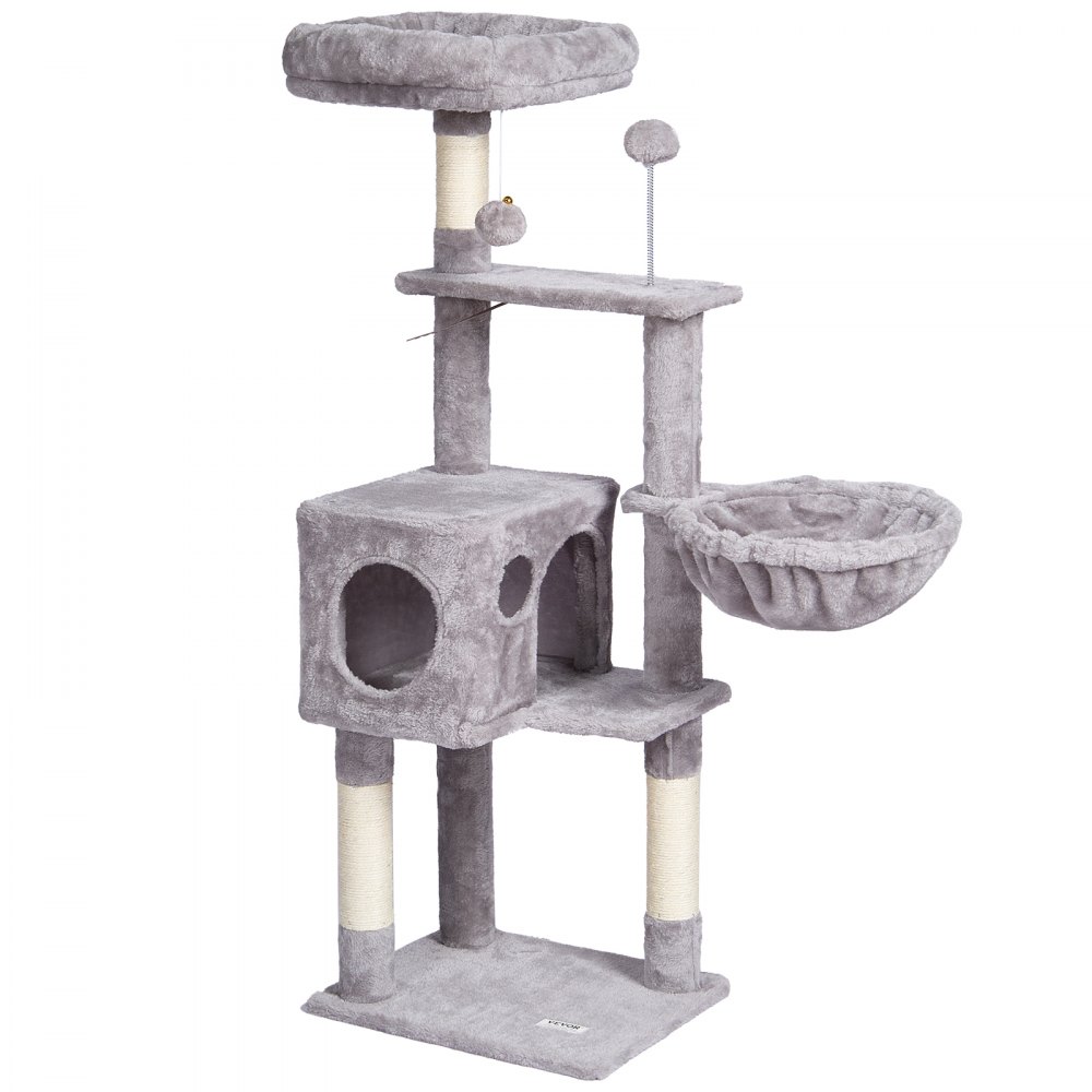 VEVOR Tiragraffi per Gatti Interno 115 cm Torre per Gatti con Cuccia per Gatti, Amaca, Trespolo Superiore, Piattaforme per Salti, con Palla Appesa, Centro Attività per Mobili per Gatti, Grigio Chiaro