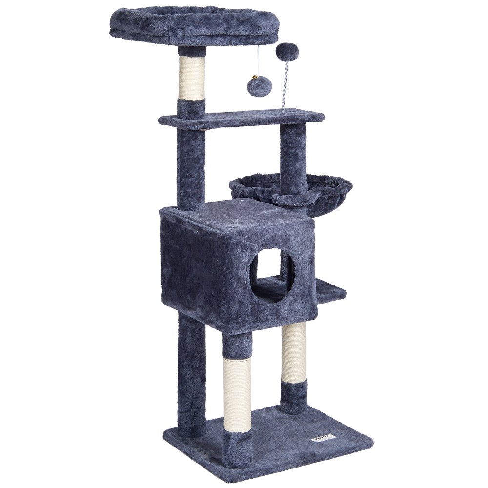 VEVOR Tiragraffi per Gatti da Interno 115 cm Torre per Gatti con Cuccia per Gatti, Amaca, Trespolo Superiore, Piattaforme per Salti, Palla Appesa, Centro Attività per Mobili per Gatti, Grigio Scuro