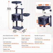 VEVOR Albero per Gatti 115 cm Torre per Gatti con Cuccia per Gatti Grigio Scuro