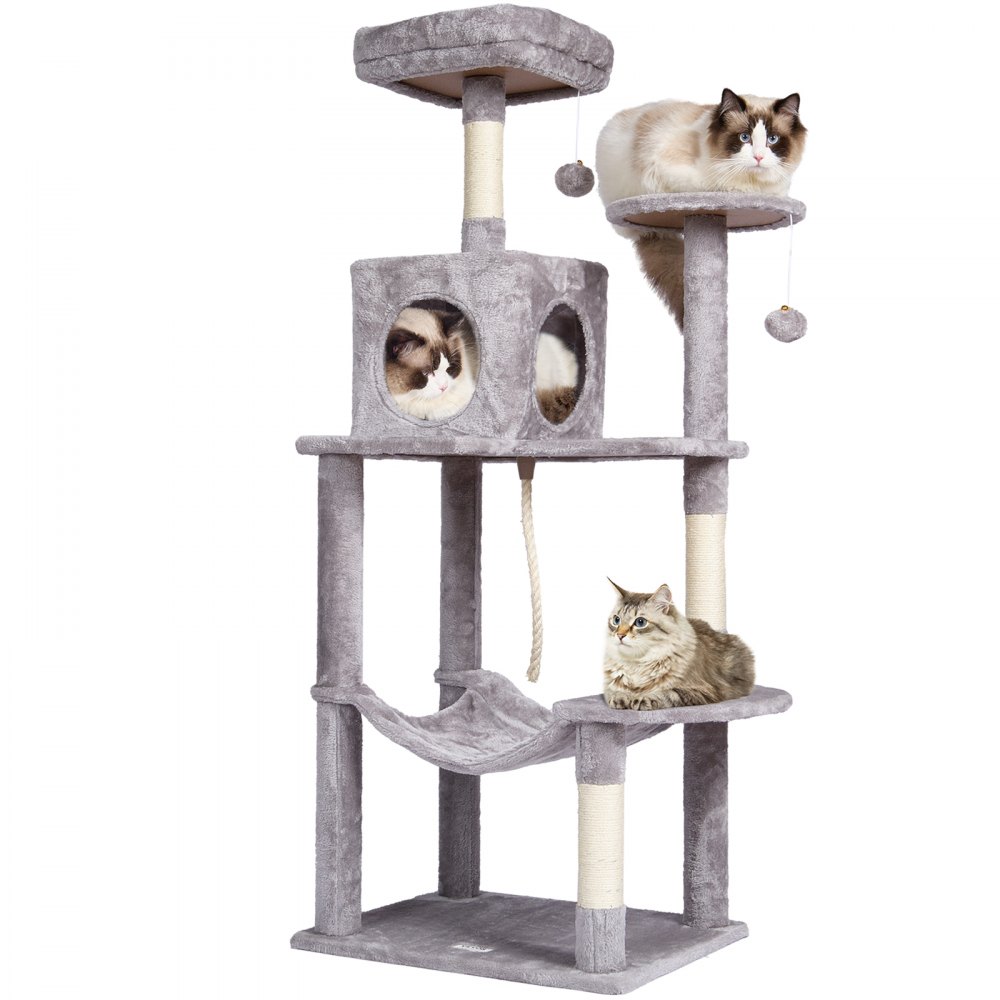 VEVOR Tiragraffi per Gatti Interno 143 cm Torre per Gatti con Cuccia per Gatti, Amaca, Trespolo Superiore, Piattaforme per Salti, con Palla Appesa, Centro Attività per Mobili per Gatti, Grigio Chiaro
