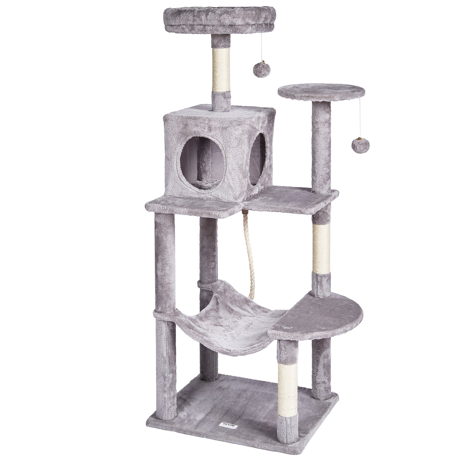 VEVOR Tiragraffi per Gatti Interno 143 cm Torre per Gatti con Cuccia per Gatti, Amaca, Trespolo Superiore, Piattaforme per Salti, con Palla Appesa, Centro Attività per Mobili per Gatti, Grigio Chiaro