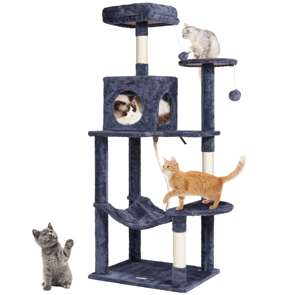 VEVOR Tiragraffi per Gatti da Interno 143 cm Torre per Gatti, Cuccia per Gatti, Amaca, Trespolo Superiore, Piattaforme per Salti, con Palla Appesa, Centro Attività per Mobili per Gatti, Grigio Scuro