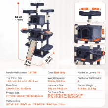 VEVOR Tiragraffi per Gatti da Interno 174 cm Torre per Gatti con 2 Cucce per Gatti, Trespoli Superiori, Piattaforme per Salti, Centro Attività per Mobili per Gatti con Palline Sospese, Grigio Scuro