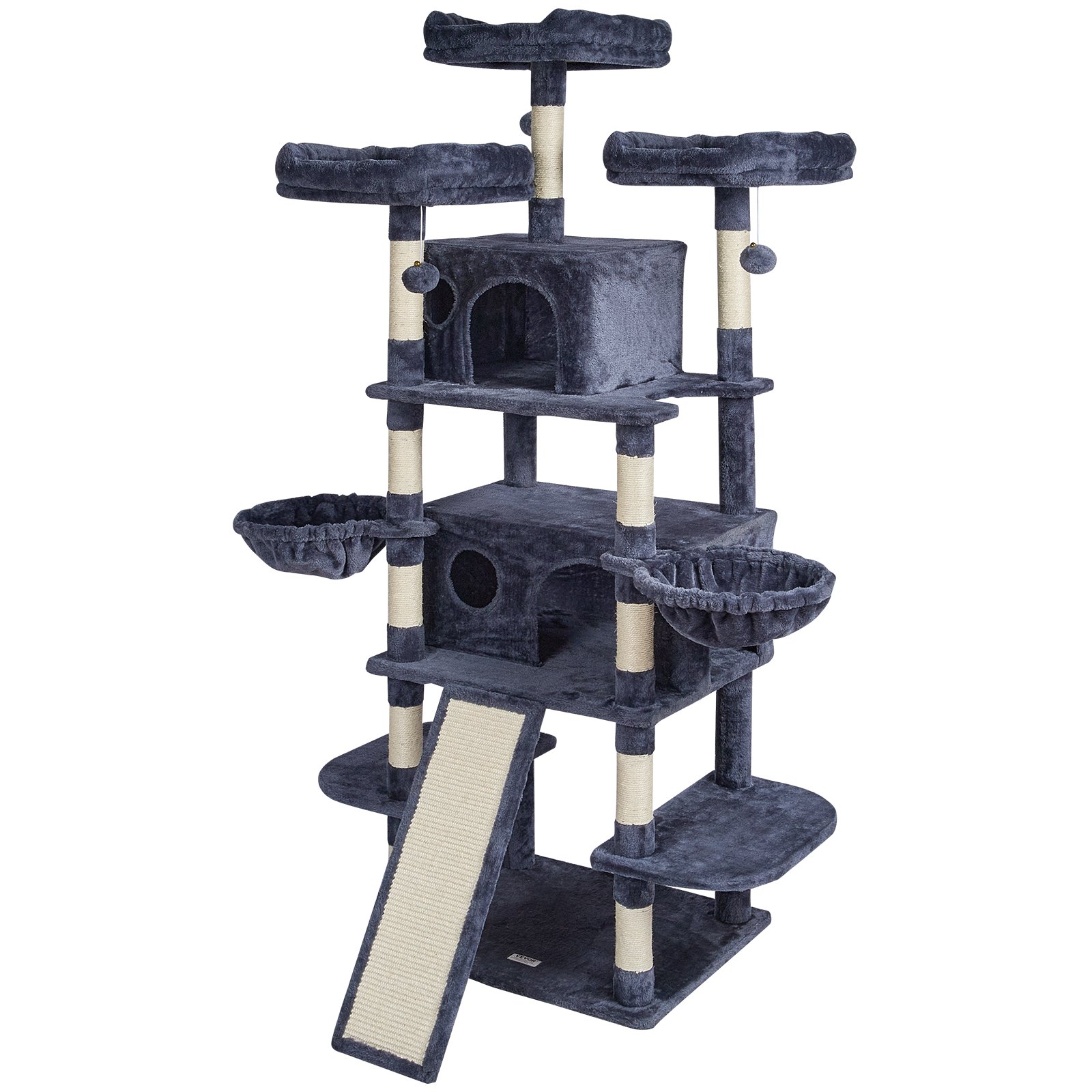 VEVOR Tiragraffi per Gatti da Interno 174 cm Torre per Gatti con 2 Cucce per Gatti, Trespoli Superiori, Piattaforme per Salti, Centro Attività per Mobili per Gatti con Palline Sospese, Grigio Scuro