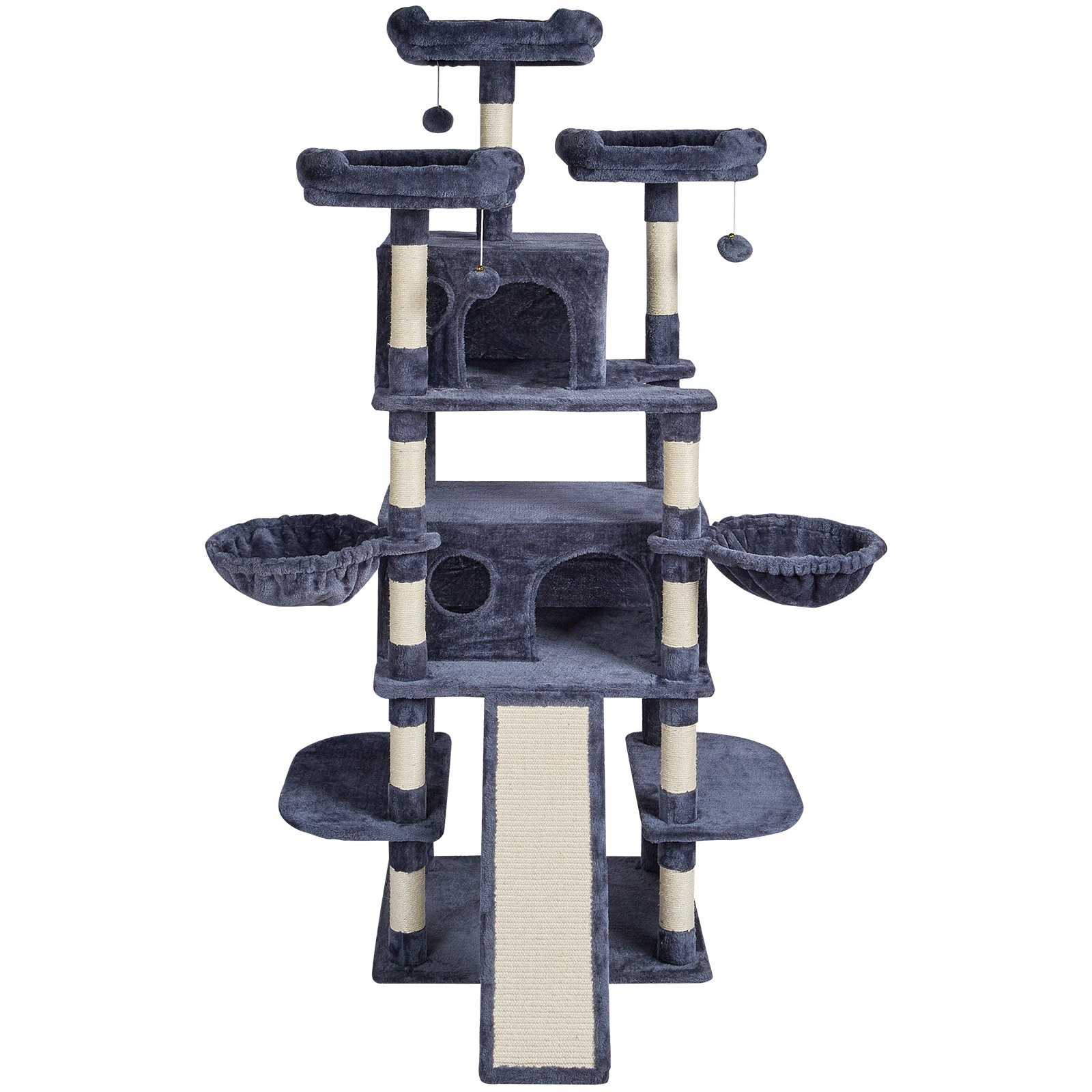 VEVOR Tiragraffi per Gatti da Interno 174 cm Torre per Gatti con 2 Cucce per Gatti, Trespoli Superiori, Piattaforme per Salti, Centro Attività per Mobili per Gatti con Palline Sospese, Grigio Scuro