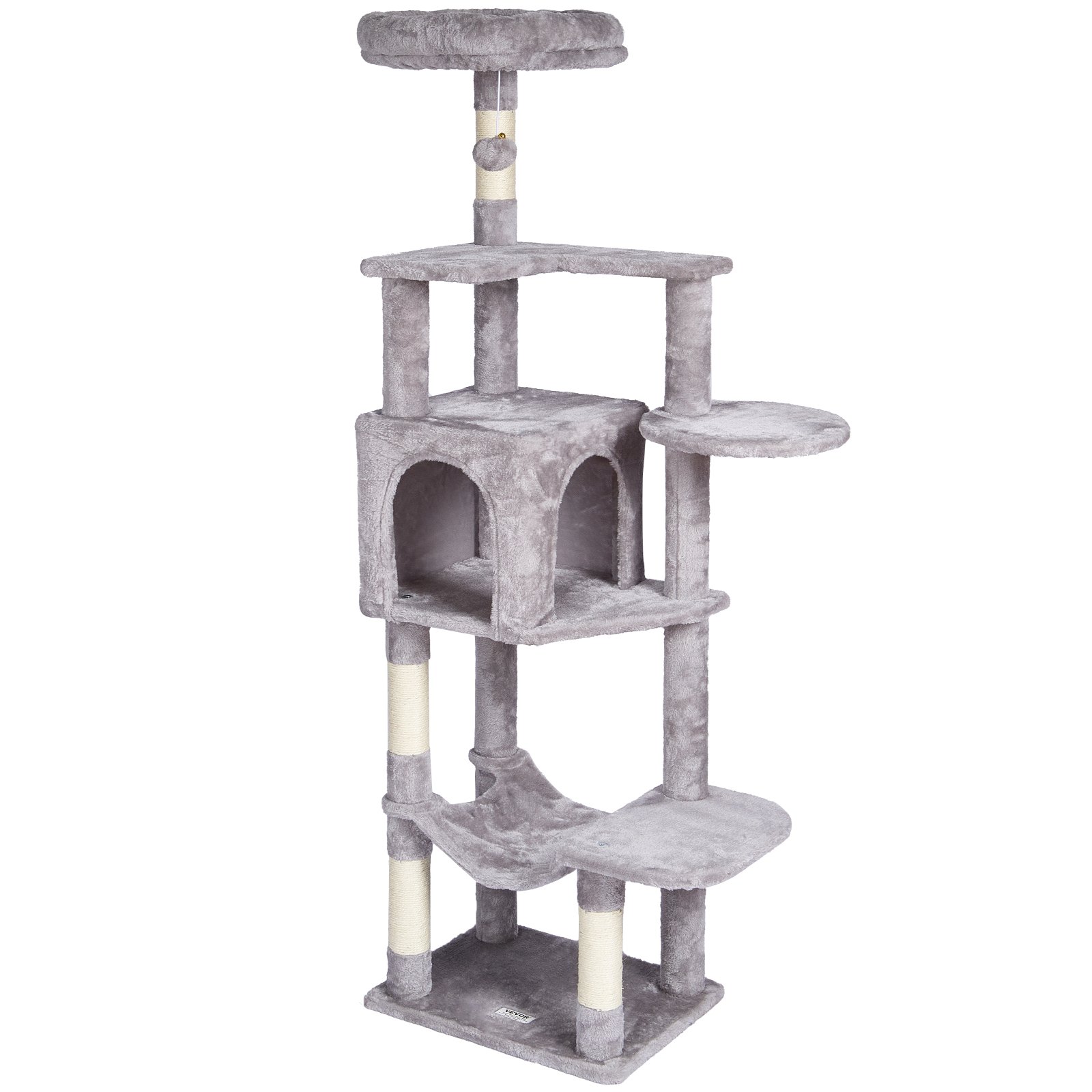 VEVOR Tiragraffi per Gatti da Interno 154 cm Torre per Gatti, Cuccia per Gatti, Trespolo Superiore, Piattaforme per Salti, Grande Centro Attività per Mobili per Gatti con Palla Appesa, Grigio Chiaro