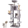 VEVOR Tiragraffi per Gatti Interno 174 cm Torre per Gatti, 2 Cucce per Gatti, Trespolo Superiore, Piattaforme per Saltare, Grande Centro Attività per Mobili per Gatti con Palla Appesa, Grigio Chiaro