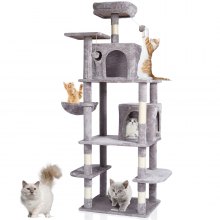 VEVOR Tiragraffi per Gatti Interno 174 cm Torre per Gatti, 2 Cucce per Gatti, Trespolo Superiore, Piattaforme per Saltare, Grande Centro Attività per Mobili per Gatti con Palla Appesa, Grigio Chiaro