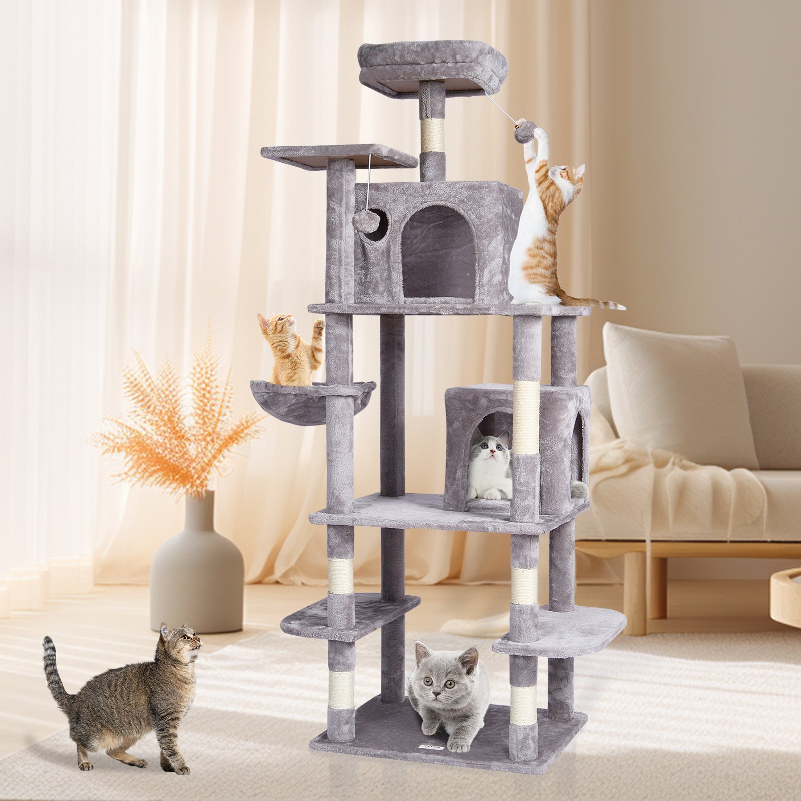 VEVOR Cat Tree for House Cats, 173.5 cm Cat Tower with 2 Cat Houses, Sisal Scratching Post, Hammock, Top Perch, Jumping Platforms, Large Cat Furniture Activity Center with Hanging Ball, Light Gray