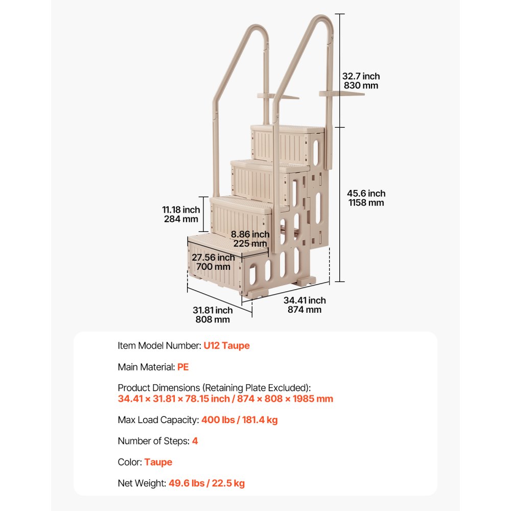 VEVOR Scala per Piscina, Scale con Corrimano Doppio a 4 Gradini Antiscivoli, Capacità 181,4 kg, per Piscine Interrate e Fuori Terra da 122-137 cm, Qualsiasi Superficie di Pavimentazione, Tortora