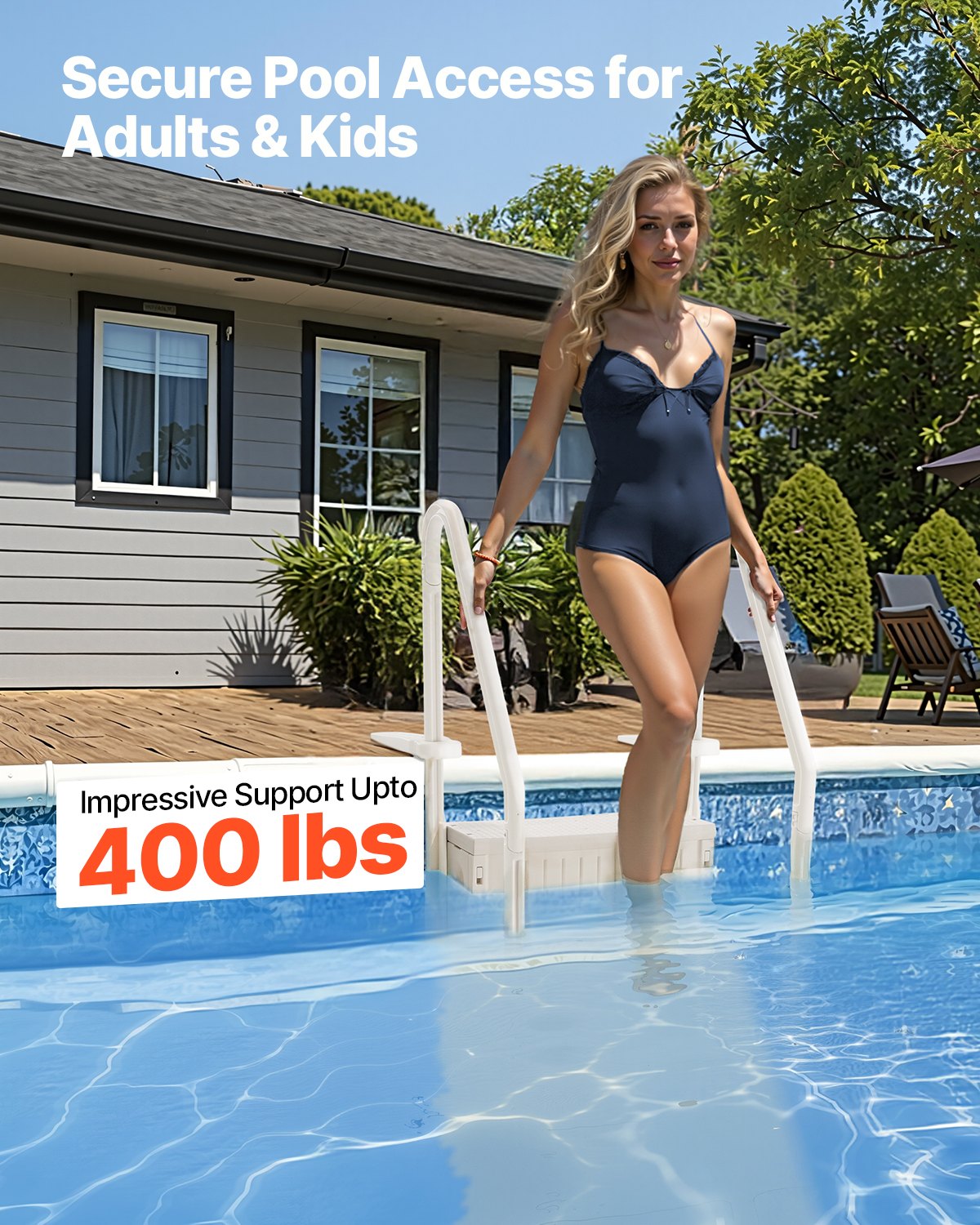 VEVOR Scaletta per Piscina 4 Gradini, Doppio Corrimano, Gradini Antiscivolo per Carichi Pesanti, Scaletta Sicurezza per Piscina, Carico 181,4 kg Piscine Interrate Fuori Terra 122-137 cm Bianco Latte