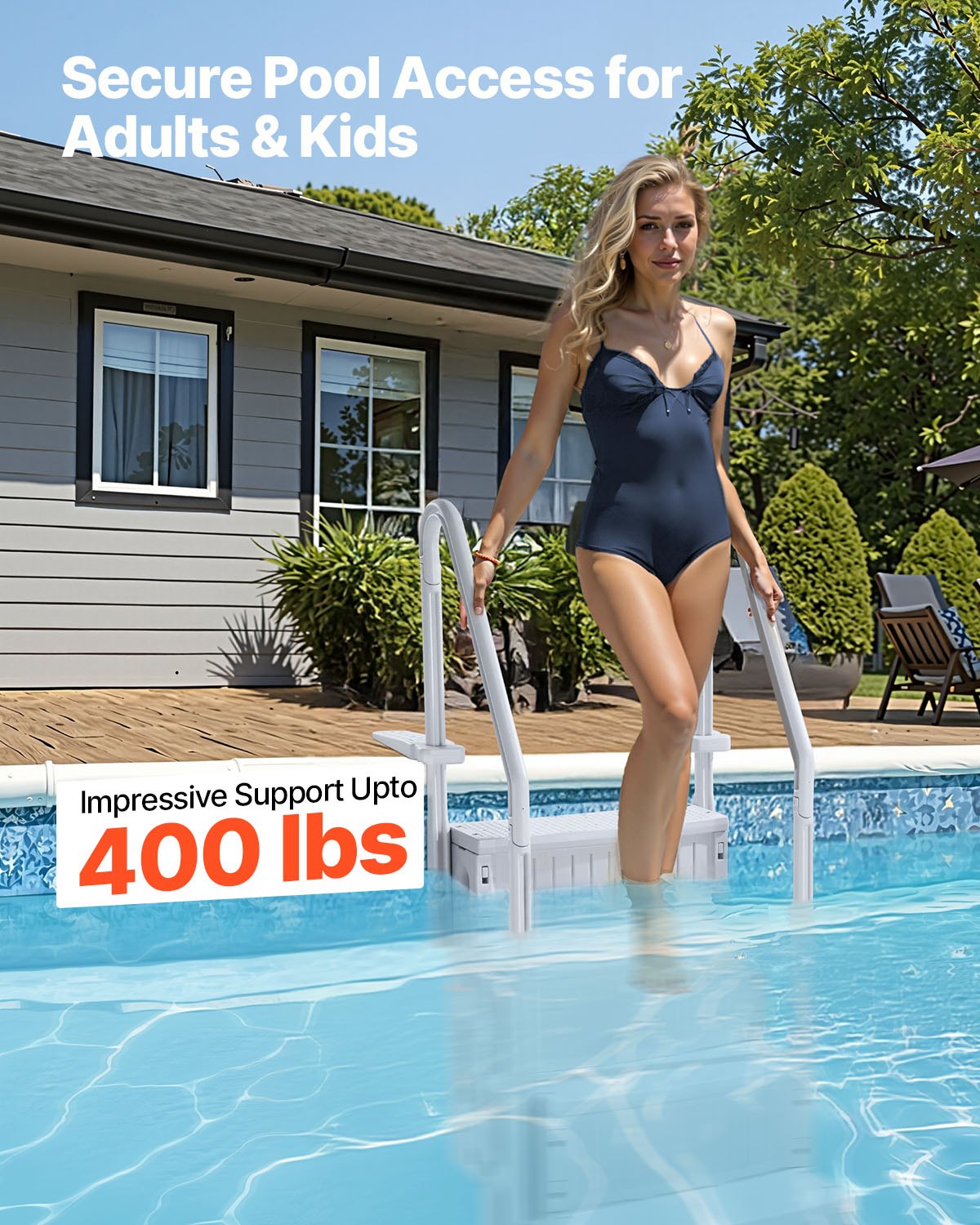 VEVOR Scaletta per Piscina a 4 Gradini con Corrimano Doppio, Gradini Antiscivolo Resistenti, Scaletta Sicurezza per Piscina, Carico Massimo 181,4 kg Piscine Interrate Fuori Terra 122-137 cm Grigio