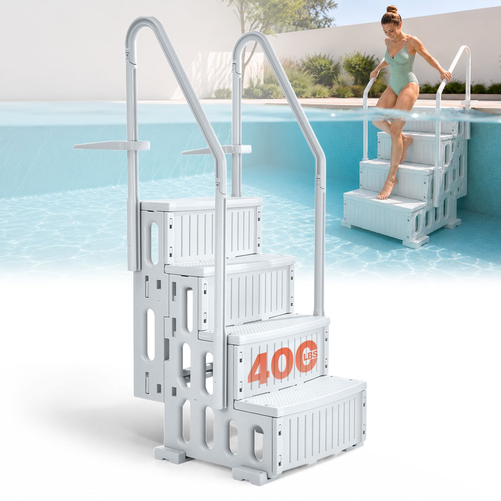 VEVOR Scaletta per Piscina a 4 Gradini con Corrimano Doppio, Gradini Antiscivolo Resistenti, Scaletta Sicurezza per Piscina, Carico Massimo 181,4 kg Piscine Interrate Fuori Terra 122-137 cm Grigio
