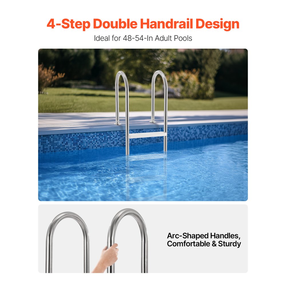 VEVOR Scaletta per Piscina 4 Gradini con Corrimano Doppio, Gradini Antiscivolo Resistenti, Scaletta Sicurezza per Piscina in Acciaio Inox, Capacità di Carico 120 kg per Piscine Interrate da 137 cm
