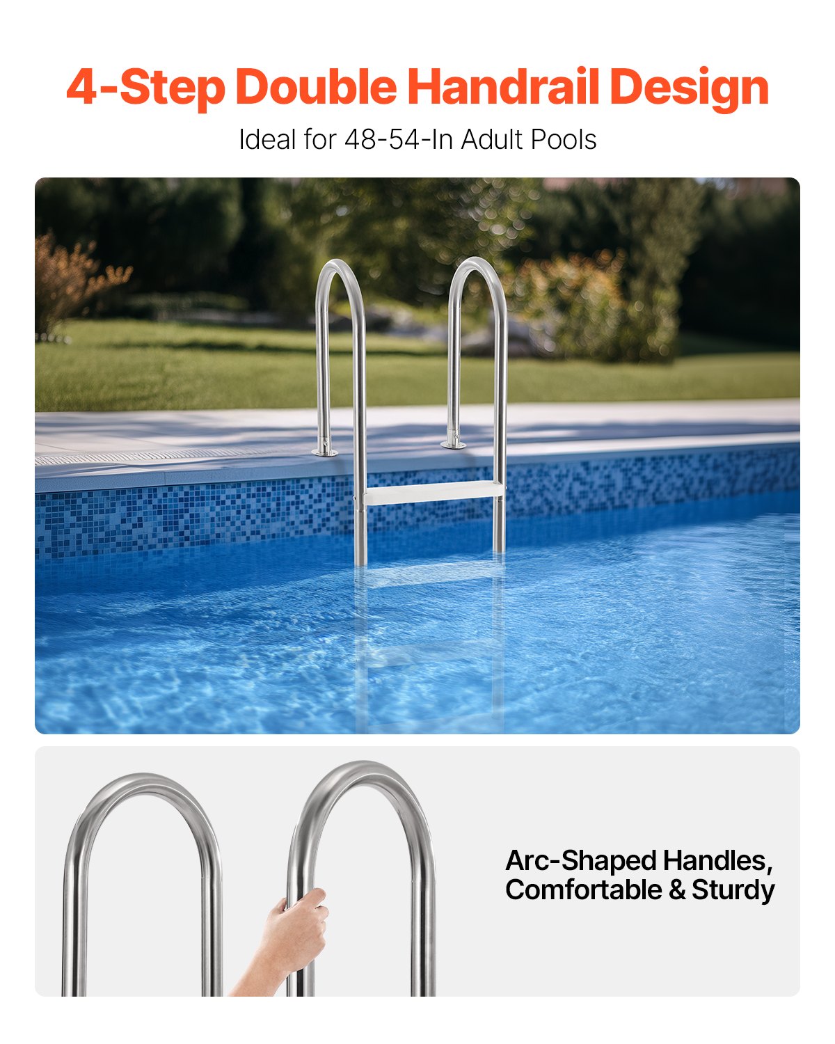 VEVOR Scaletta per Piscina 4 Gradini con Corrimano Doppio, Gradini Antiscivolo Resistenti, Scaletta Sicurezza per Piscina in Acciaio Inox, Capacità di Carico 120 kg per Piscine Interrate da 137 cm