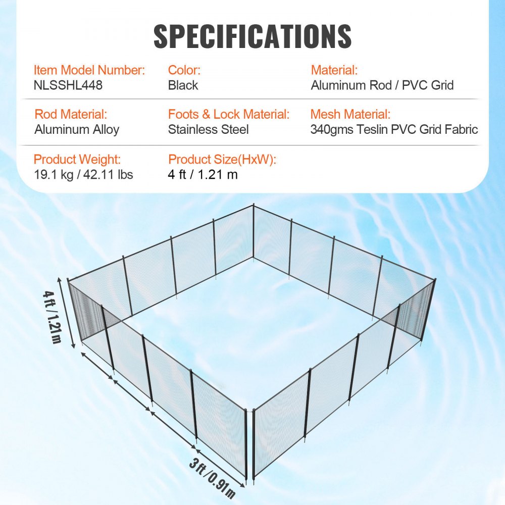 VEVOR Recinzione per Piscina, Recinzione per Piscina per Piscine Interrate, 1,21×14,63 m, Recinzione per Piscina di Sicurezza per Bambini Rimovibile, Recinzione per Piscina di Facile Installazione Fai da