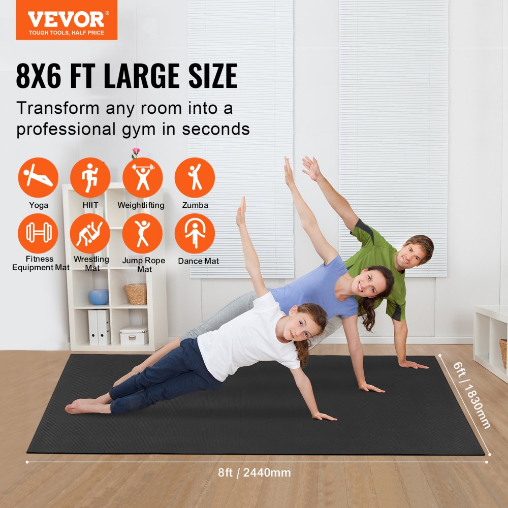 VEVOR Training Mat, Non-Slip, High-Density Premium Yoga Mat, Training Yoga Mat for Men and Women, Fitness and Exercise Mat with Bag and Carrying Strap, for All Types of Home Yoga, Pilates and Floor Training (2.4 x 1.8 m)