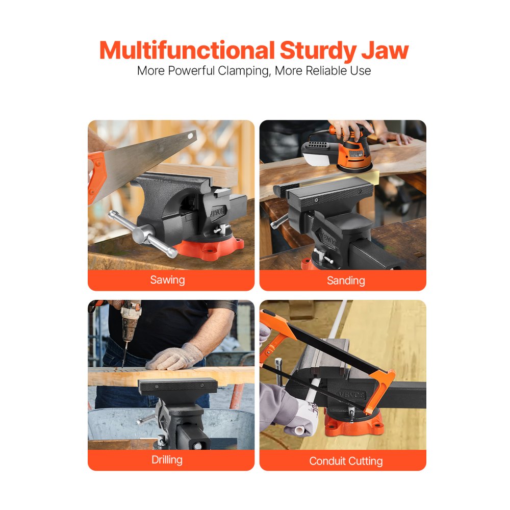 VEVOR vise, 203 mm jaw width, 203 mm max. jaw opening, 360° swiveling locking base, 94 mm throat depth, workbench vise made of spheroidal graphite cast iron, two-way jaws for clamping round tubes