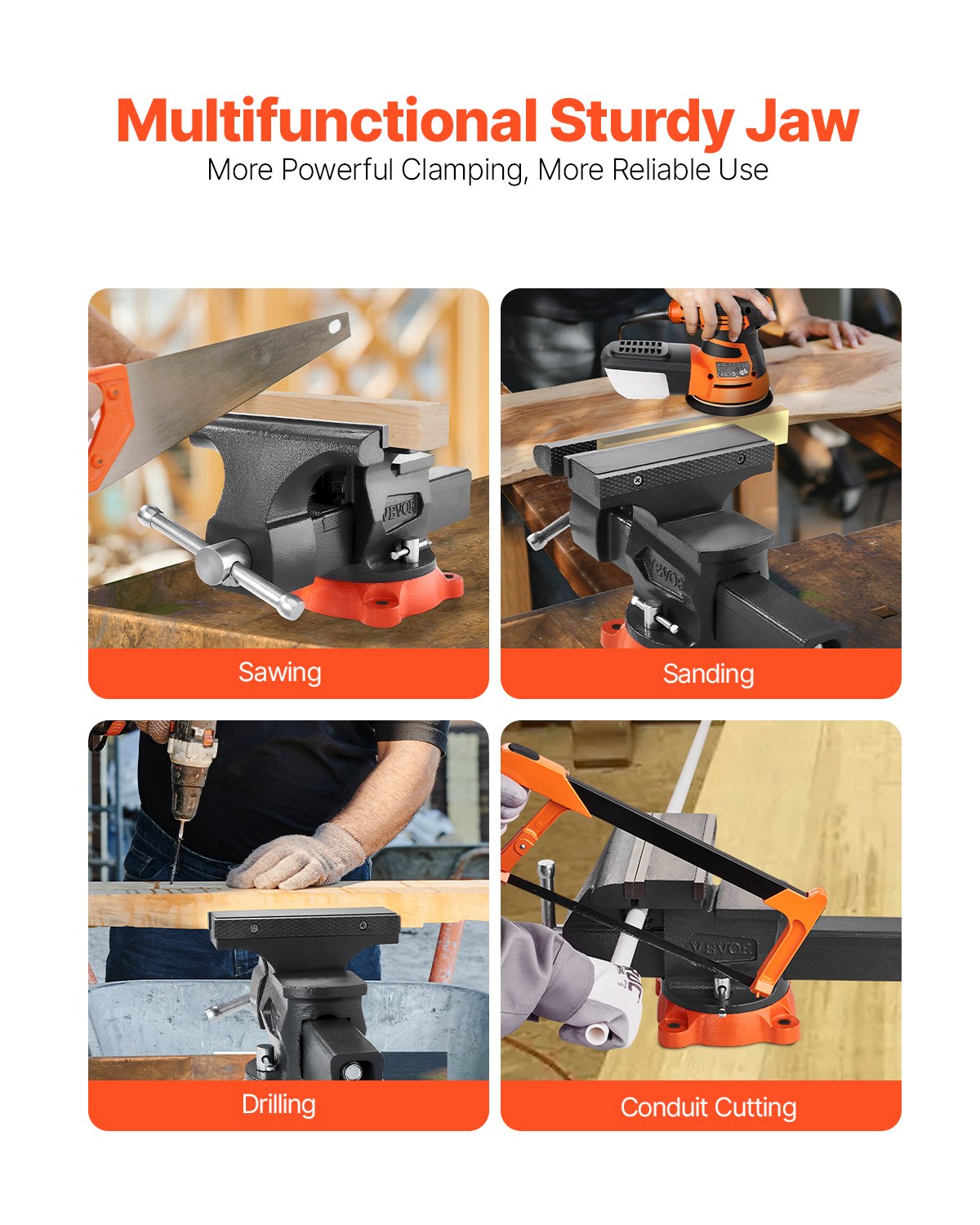 VEVOR vise, 203 mm jaw width, 203 mm max. jaw opening, 360° swiveling locking base, 94 mm throat depth, workbench vise made of spheroidal graphite cast iron, two-way jaws for clamping round tubes