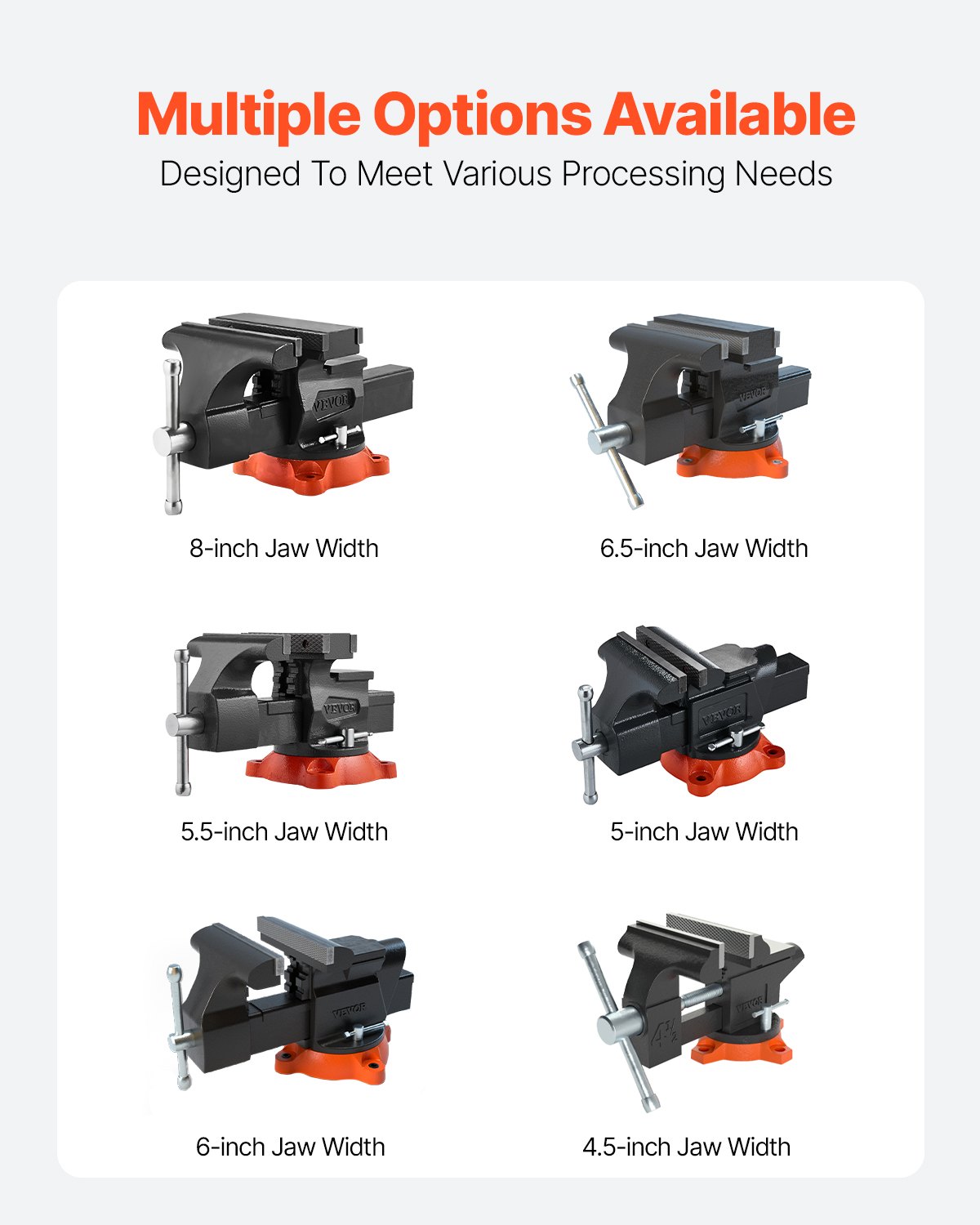 VEVOR vise, 203 mm jaw width, 203 mm max. jaw opening, 360° swiveling locking base, 94 mm throat depth, workbench vise made of spheroidal graphite cast iron, two-way jaws for clamping round tubes