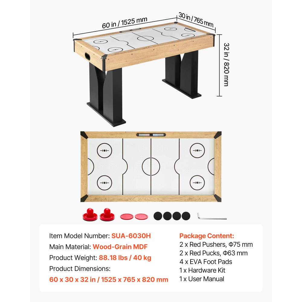 VEVOR Tavolo da Air Hockey Sistema Punteggio Elettronico Pannelli in MDF per Sala Giochi, Arcade di Hockey ad Aria per Aree Ricreative, Piedini Regolabili, Set Completo Accessori, Protezione Angoli