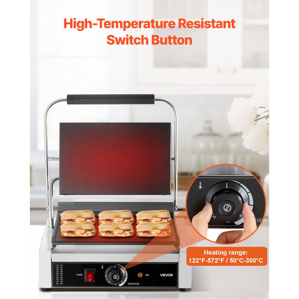VEVOR Griglia Elettrico per Panini 2200W, Piastra per Panini con Piastra Smaltata Piatta da 34,2x23,5 cm, Piastra per Sandwich in Acciaio Inox, Maniglia Controllo della Temperatura