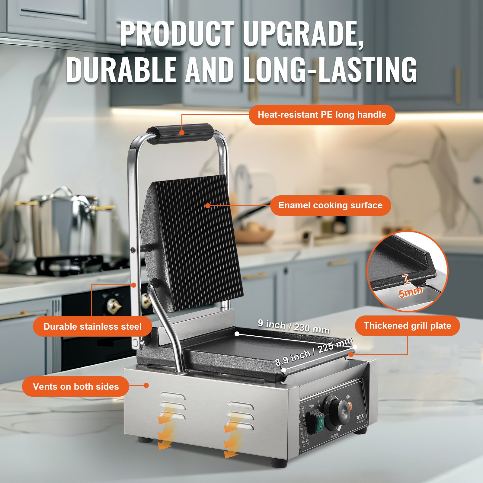 VEVOR Griglia per Panini Commerciale, 1800 W Pressa per Sandwich in Acciaio Inox, Griglia per Panini con Controllo della Temperatura, Piastra Piatta Smaltata 225 x 230 mm per Hamburger Bistecca Bacon