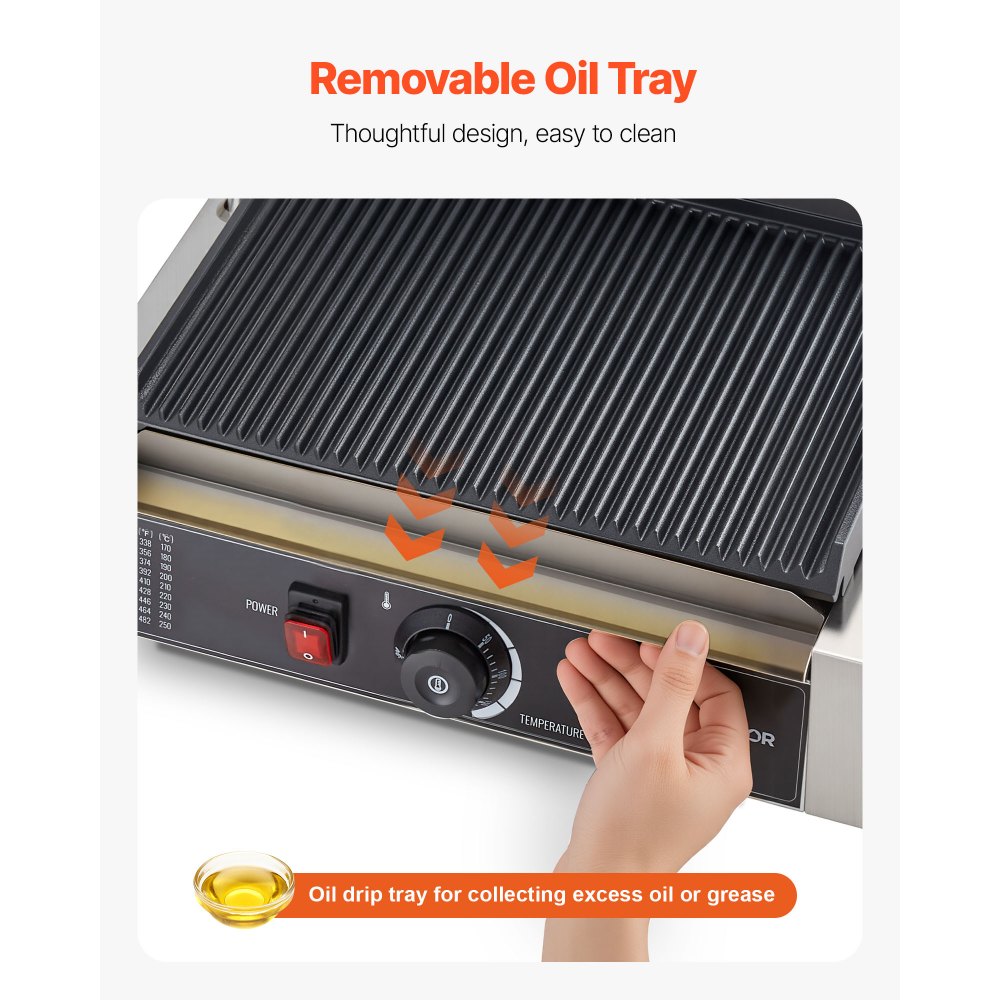 VEVOR Piastra Elettrica per Panini Professionale, 2200 W, in Acciaio Inox con Maniglia e Controllo della Temperatura, Piastra Smaltata Scanalata Completa da 34 x 23 cm, per Bistecche, Pancetta