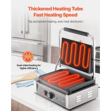 VEVOR Piastra Elettrica per Panini Professionale, 2200 W, in Acciaio Inox con Maniglia e Controllo della Temperatura, Piastra Smaltata Scanalata Completa da 34 x 23 cm, per Bistecche, Pancetta
