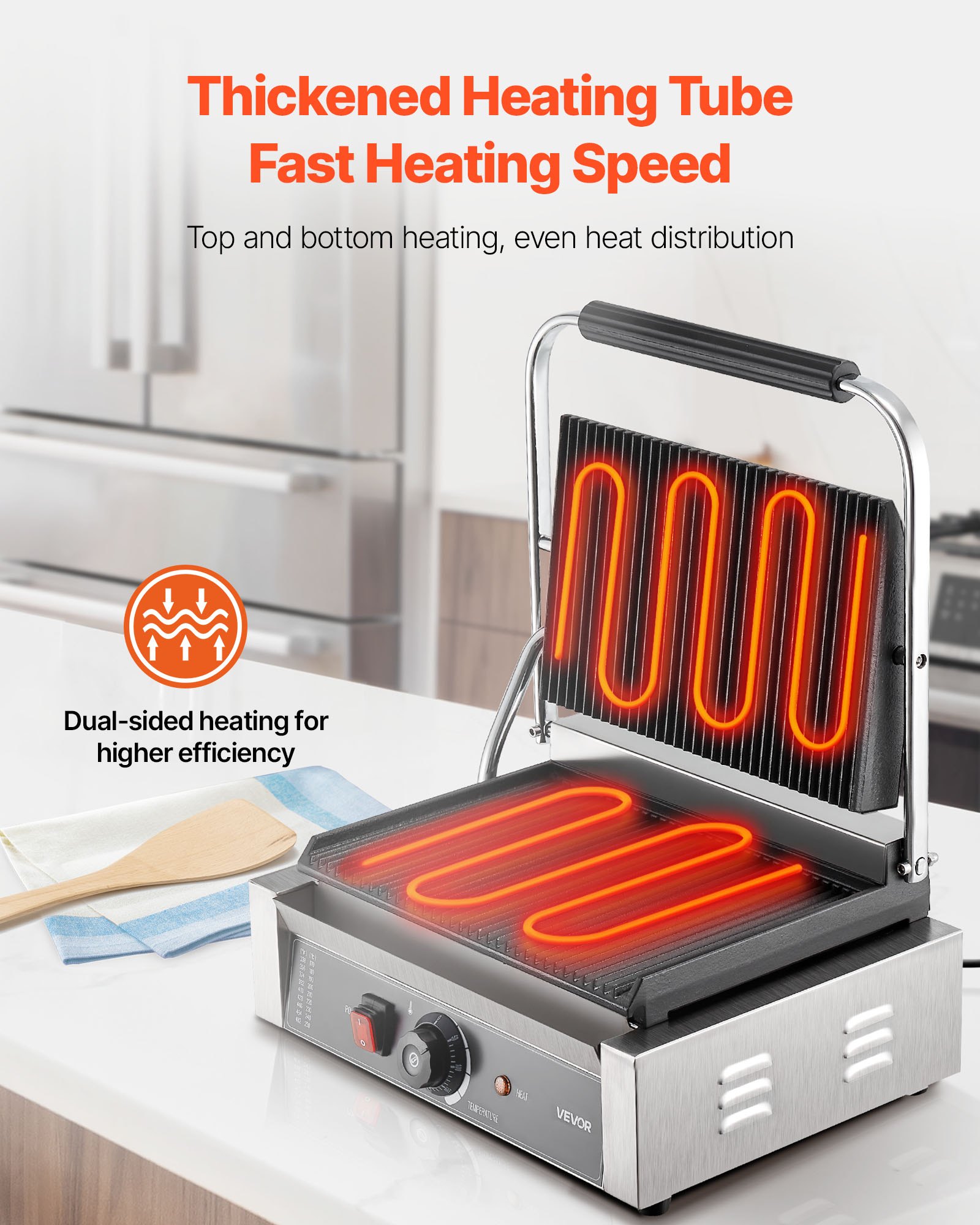 VEVOR Piastra Elettrica per Panini Professionale, 2200 W, in Acciaio Inox con Maniglia e Controllo della Temperatura, Piastra Smaltata Scanalata Completa da 34 x 23 cm, per Bistecche, Pancetta