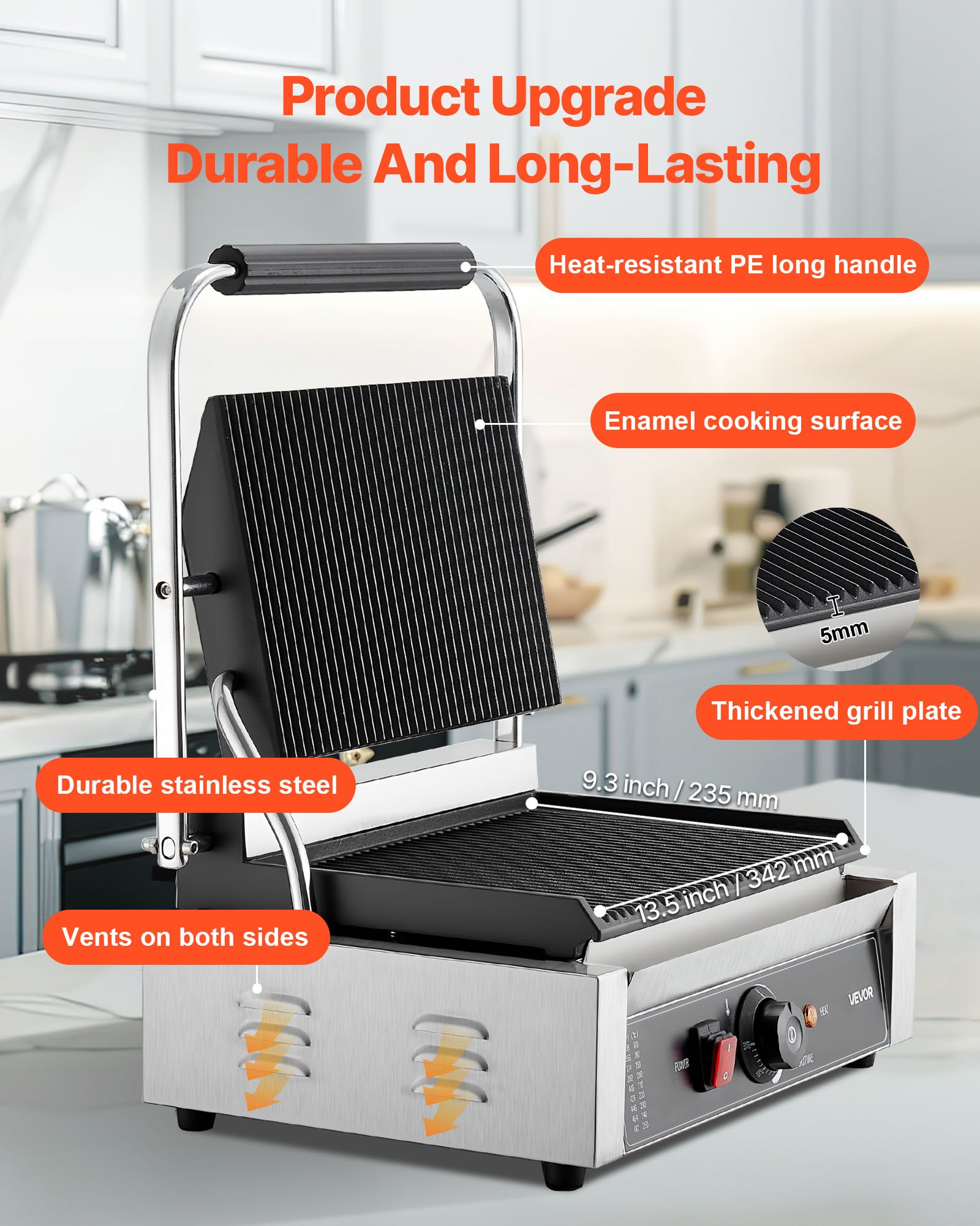 VEVOR Piastra Elettrica per Panini Professionale, 2200 W, in Acciaio Inox con Maniglia e Controllo della Temperatura, Piastra Smaltata Scanalata Completa da 34 x 23 cm, per Bistecche, Pancetta