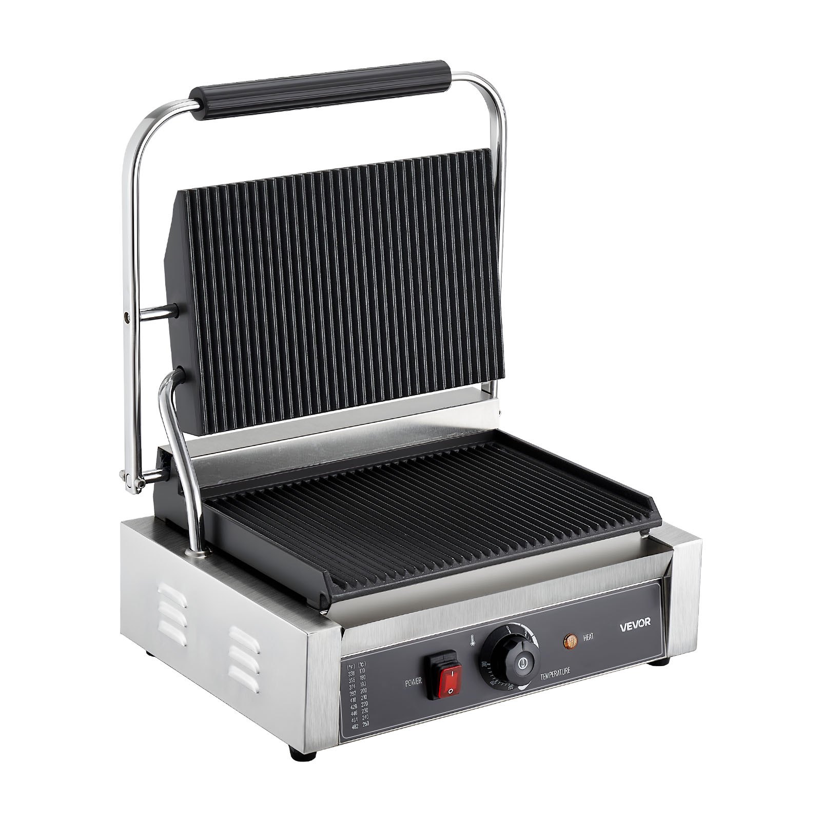 VEVOR Piastra Elettrica per Panini Professionale, 2200 W, in Acciaio Inox con Maniglia e Controllo della Temperatura, Piastra Smaltata Scanalata Completa da 34 x 23 cm, per Bistecche, Pancetta