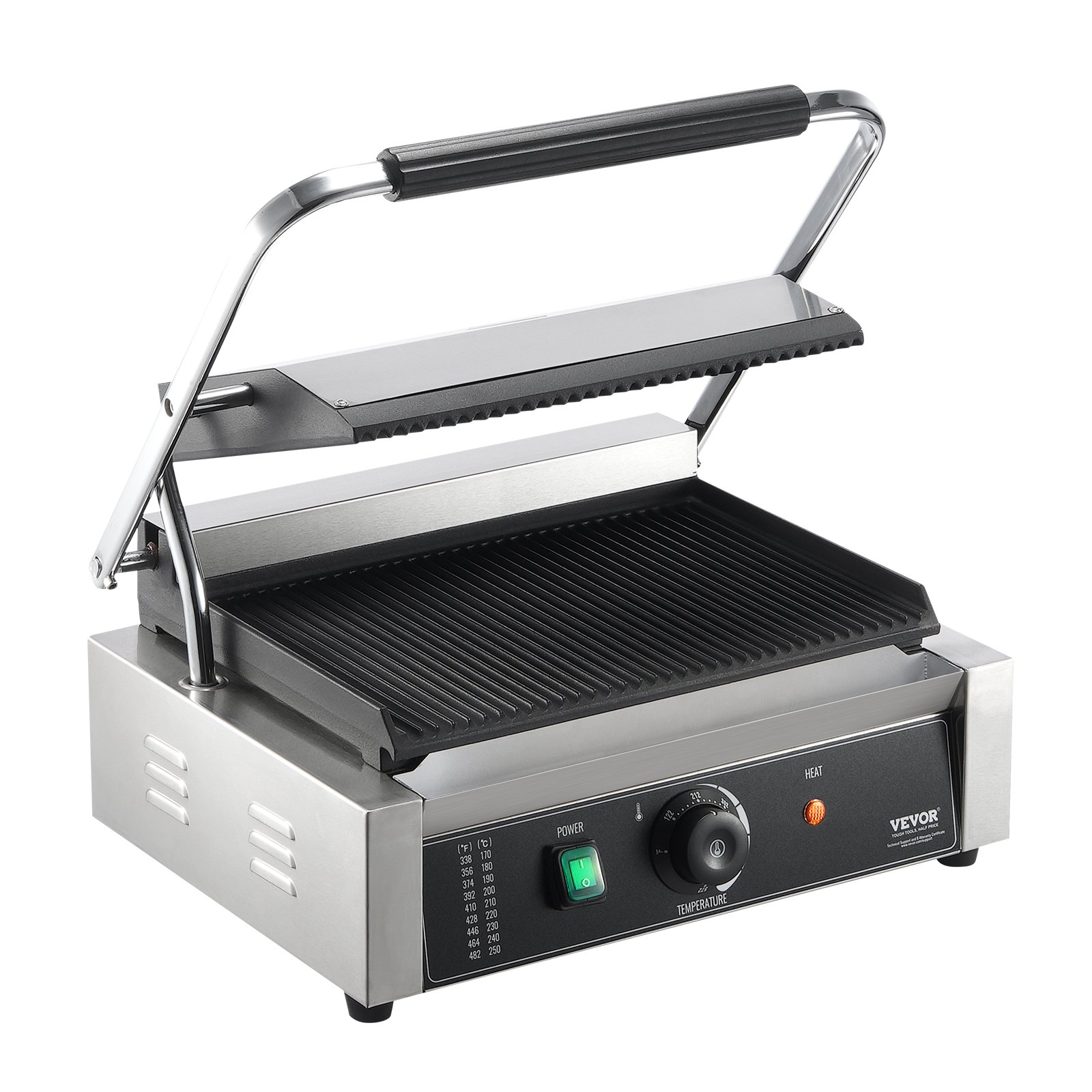 VEVOR Commercial Panini Grill, 2200W Elettrico Sandwich Panini Maker, Pressa per Sandwich in Acciaio Inox, Panini Grill con Controllo della Temperatura e Piastra Smaltata Scanalata Completa da 14"x9", per Hamburger, Bistecca, Pancetta