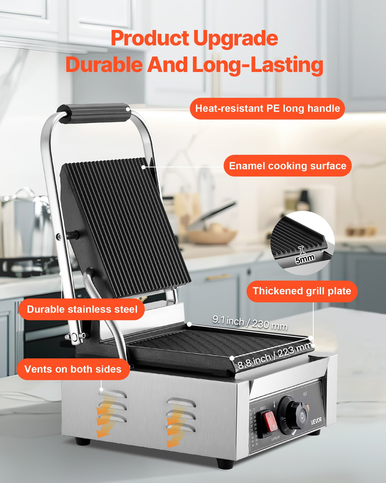 VEVOR Commercial Panini Grill, Contact Grill 1800W for Sandwiches, Steak, Bacon, Hamburgers, Sandwich Maker, Stainless Steel Press Grill with Handle & Temperature Control & 22 x 23 cm Heating Plate, Panini Press