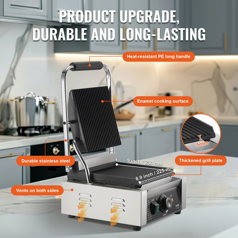 VEVOR Griglia per Panini Commerciale, 1800 W Pressa per Sandwich in Acciaio Inox, con Controllo della Temperatura, Piastra Smaltata Completamente Scanalata 225 x 230 mm per Hamburger Bistecca Pancetta