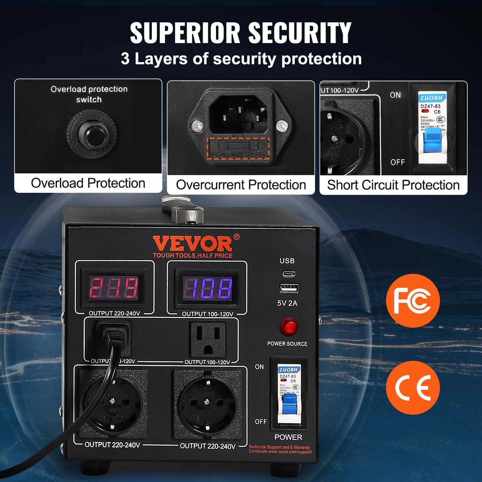 VEVOR Convertitore di Tensione Step Up/Down Portatile 110V-220V / 220V-110V Potenza da 2000VA, Trasformatore di Tensione 2000VA Portatile 240x185x200 mm 4 Spine, Convertitore di Tensione 2000VA USB 5V