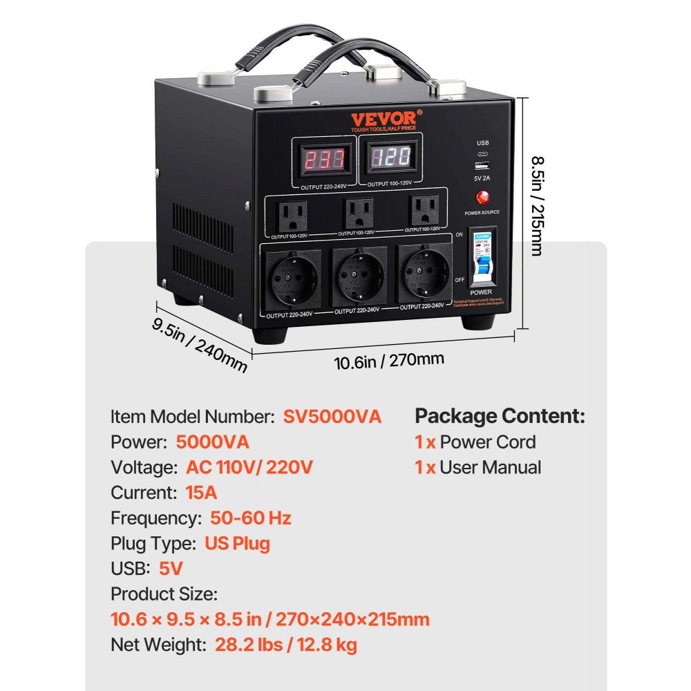 VEVOR Convertitore di Tensione Step Up/Down Portatile 110V-220V / 220V-110V Potenza da 5000VA, Trasformatore di Tensione 5000VA Portatile 270x240x215 mm 6 Spine, Convertitore di Tensione 5000VA USB 5V