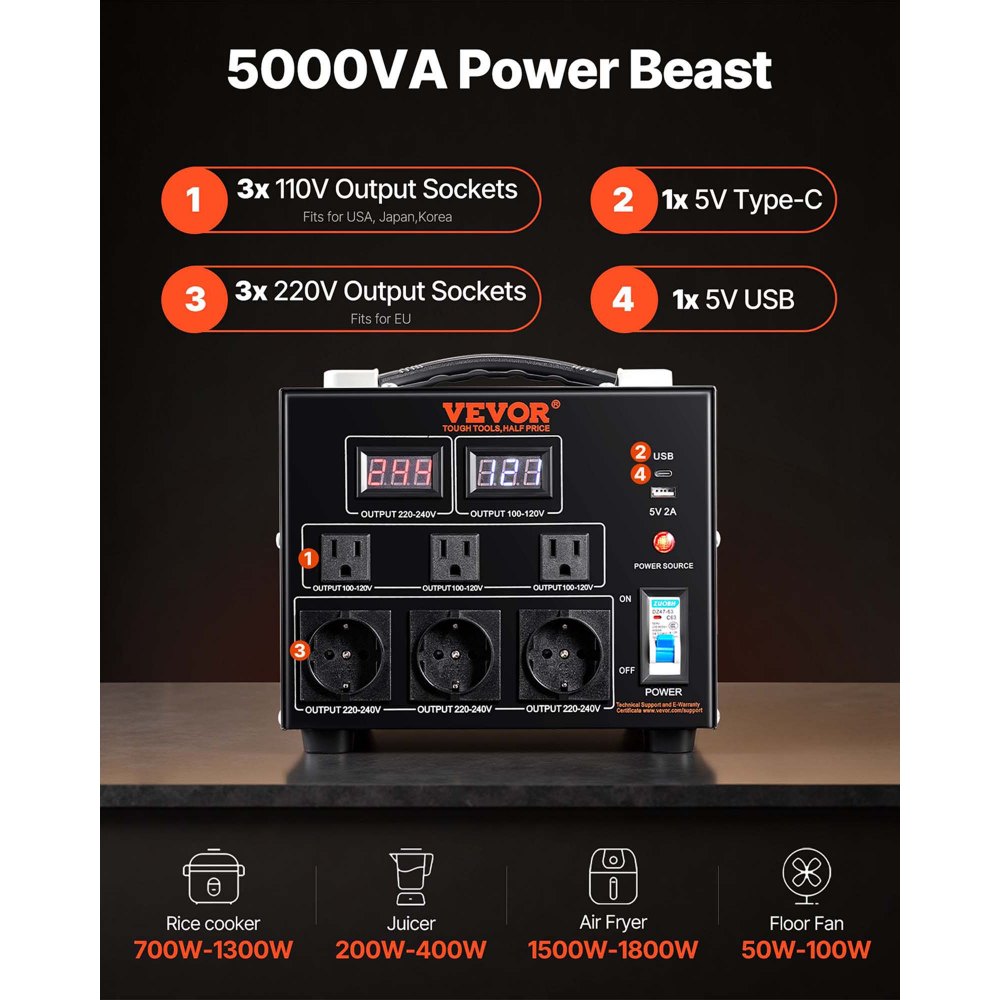 VEVOR Convertitore di Tensione Step Up/Down Portatile 110V-220V / 220V-110V Potenza da 5000VA, Trasformatore di Tensione 5000VA Portatile 270x240x215 mm 6 Spine, Convertitore di Tensione 5000VA USB 5V