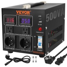 VEVOR Convertitore di Tensione Step Up/Down Portatile 110V-220V / 220V-110V Potenza da 500W, Trasformatore di Tensione 500W Portatile 240 x 185 x 200 mm 2 Spine, Convertitore di Tensione 500W USB 5V