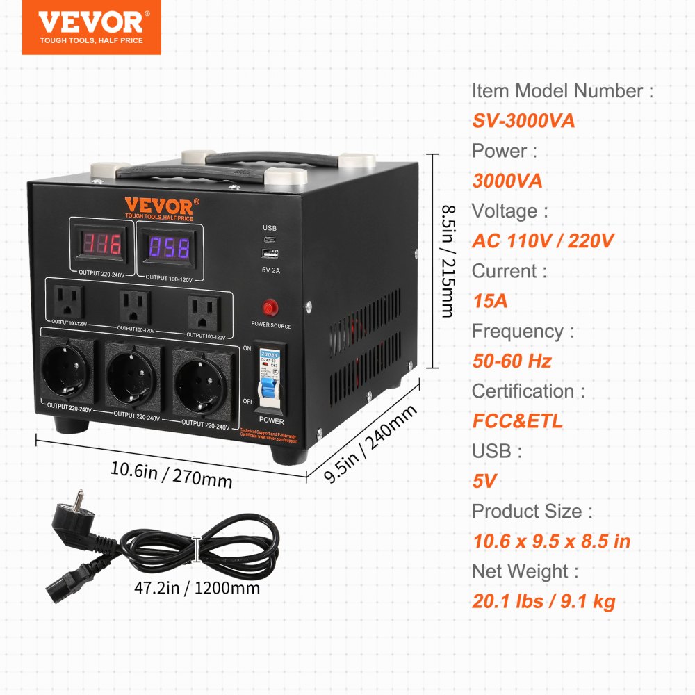 VEVOR 3000W Voltage Converter Transformer AC 110V to 220V Transformer Converter 3 US NEMA 5-15R 3-pin output sockets, 3 European Shukko output sockets, 1 USB socket and 1 Type-C socket