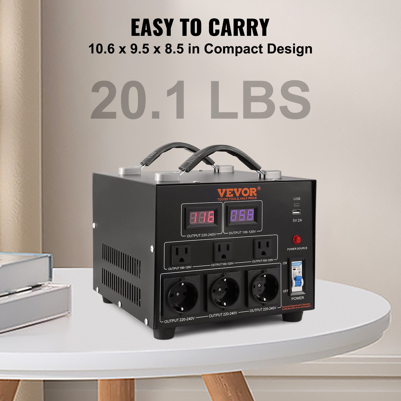 VEVOR 3000W Voltage Converter Transformer AC 110V to 220V Transformer Converter 3 US NEMA 5-15R 3-pin output sockets, 3 European Shukko output sockets, 1 USB socket and 1 Type-C socket