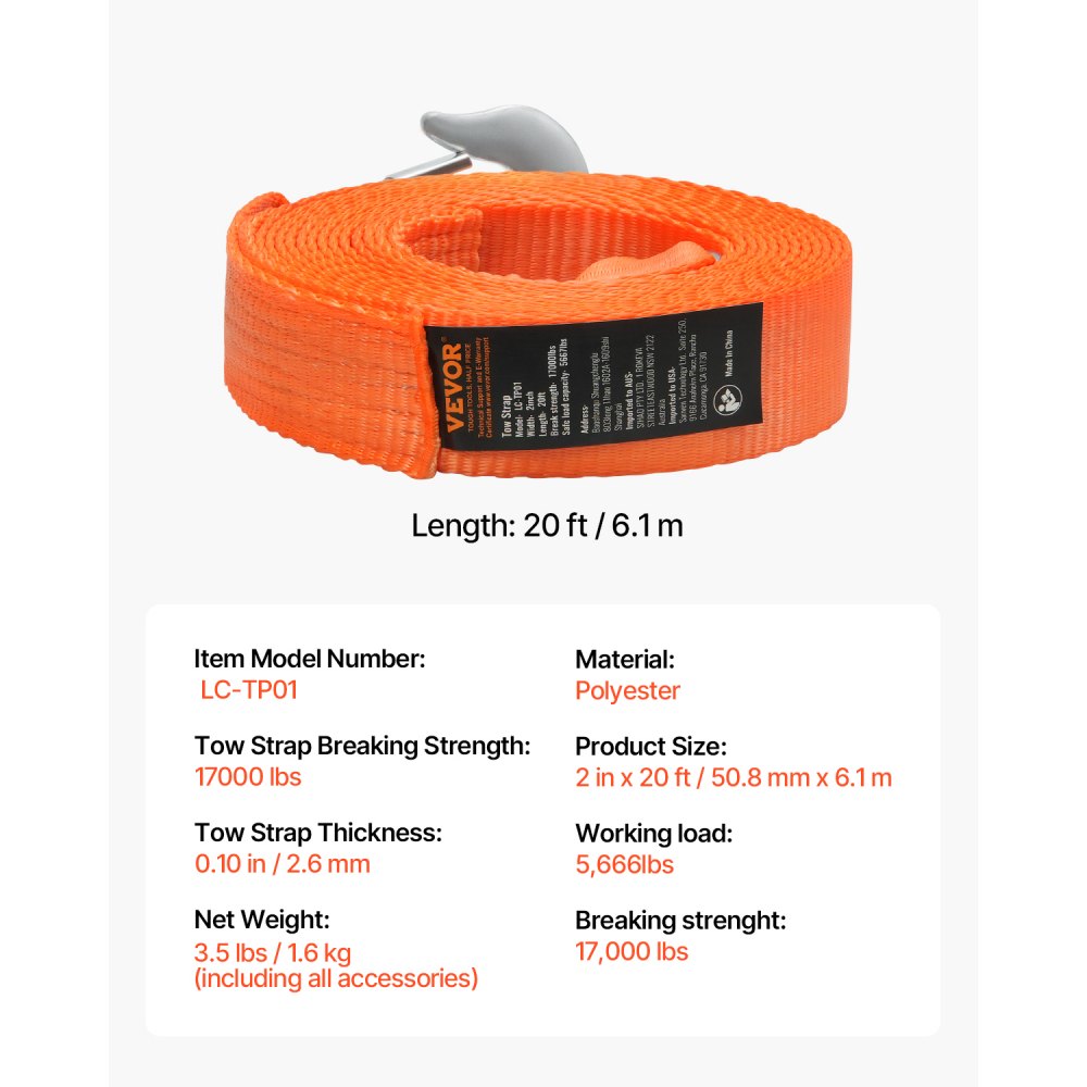VEVOR Cinghia di Traino per ATV con Ganci, 50,8 mm x 6,1 m Capacità di 7711 kg Corda di Recupero Resistente con Ganci di Sicurezza per Camion e Veicoli, Accessorio di Traino per l'Assistenza Stradale