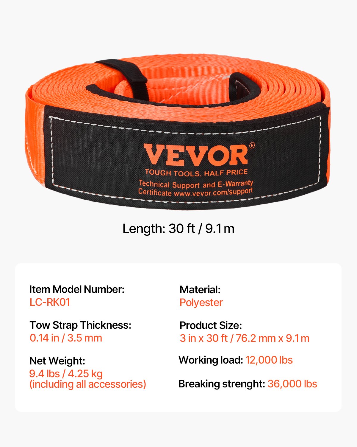 VEVOR Kit di Recupero con Cinghia di Traino per Impieghi Gravosi, Cinghia per Verricello Salva-Albero 76,2 mm x 9,1 m Resistenza alla Rottura di 16329 kg Triplo Anello Rinforzato, per Jeep, SUV, ATV