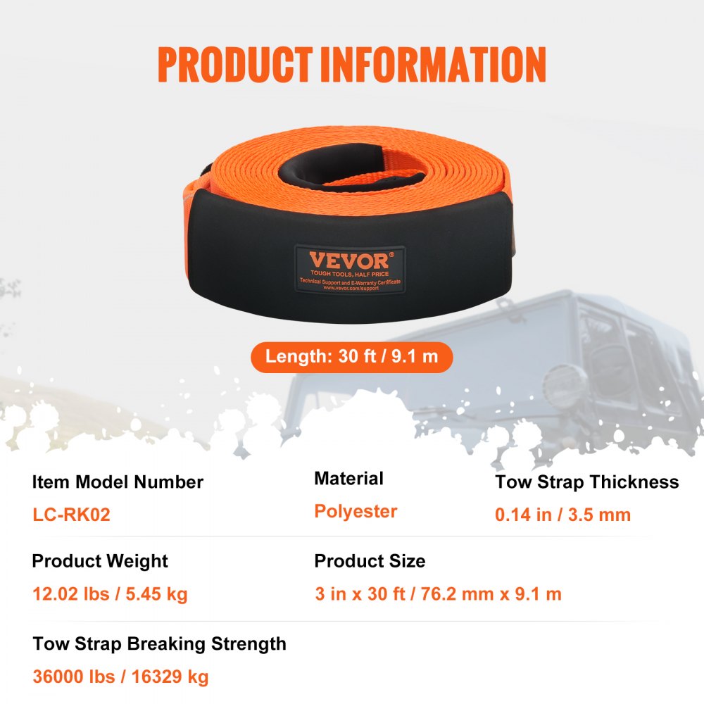 VEVOR Tow Strap Recovery Kit 85 mm x 9 m (MBS-16329 kg) Tree Protector Winch Strap, Triple Reinforced Loop & Protective Covers & Storage Bag, 3/4 Inch D-Ring Shackle, for Truck, Jeep, SUV, ATV