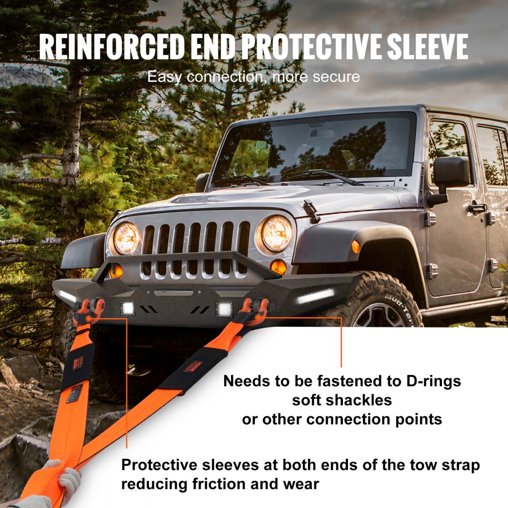 VEVOR Tow Strap 101.6 mm x 9.1 m, 21092 kg breaking strength, triple reinforced loop straps, off-road towing and recovery, extreme weather resistance, protective covers and storage bag